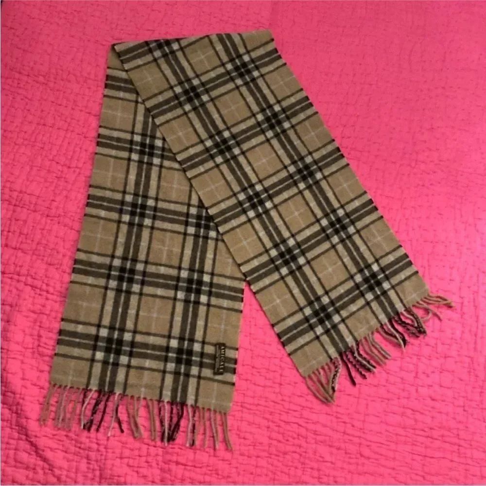 Amicale Cashmere Tan and Pink Plaid Scarf
